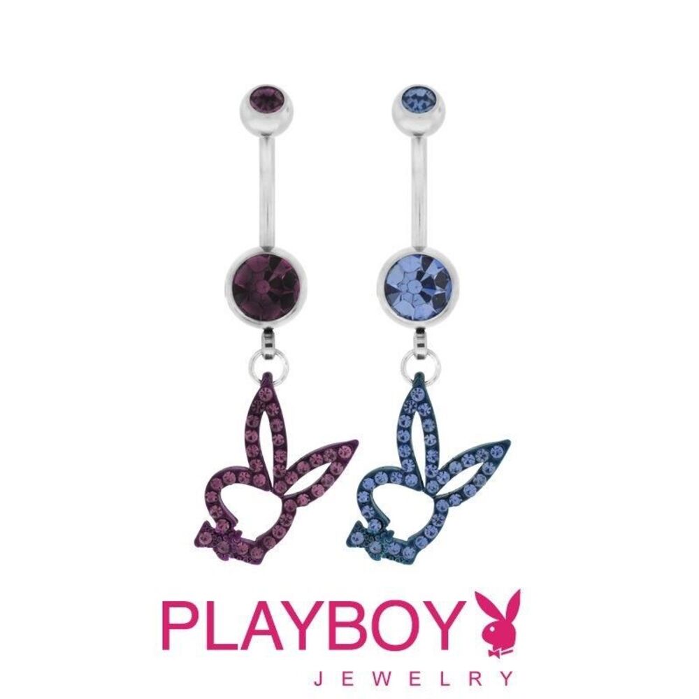 Playboy Bunny Belly Ring 14G Dangle CZ Navel Bar 316L Stainless Steel – Blue